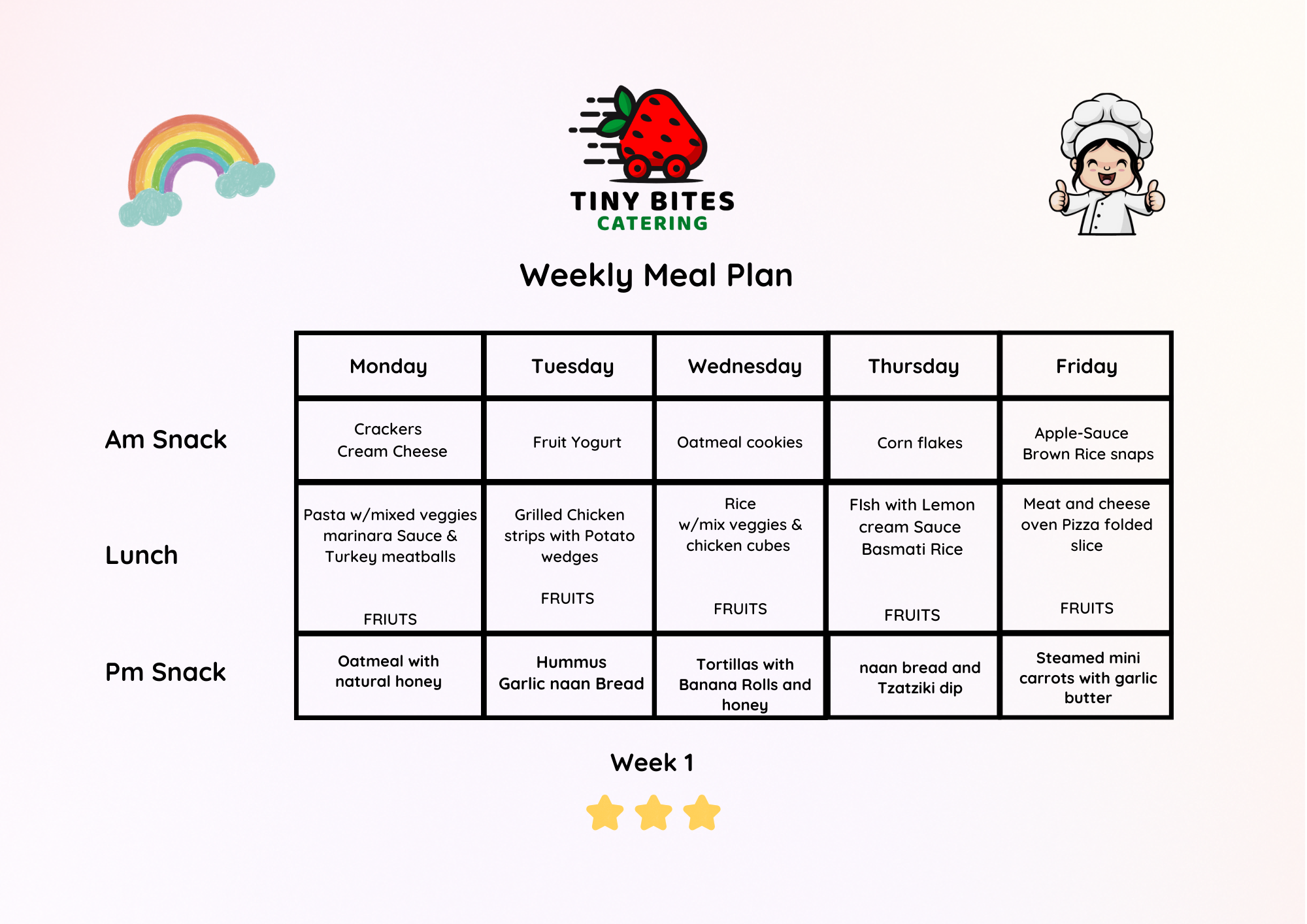 Tiny Bites Kids Catering Week 1 Menu