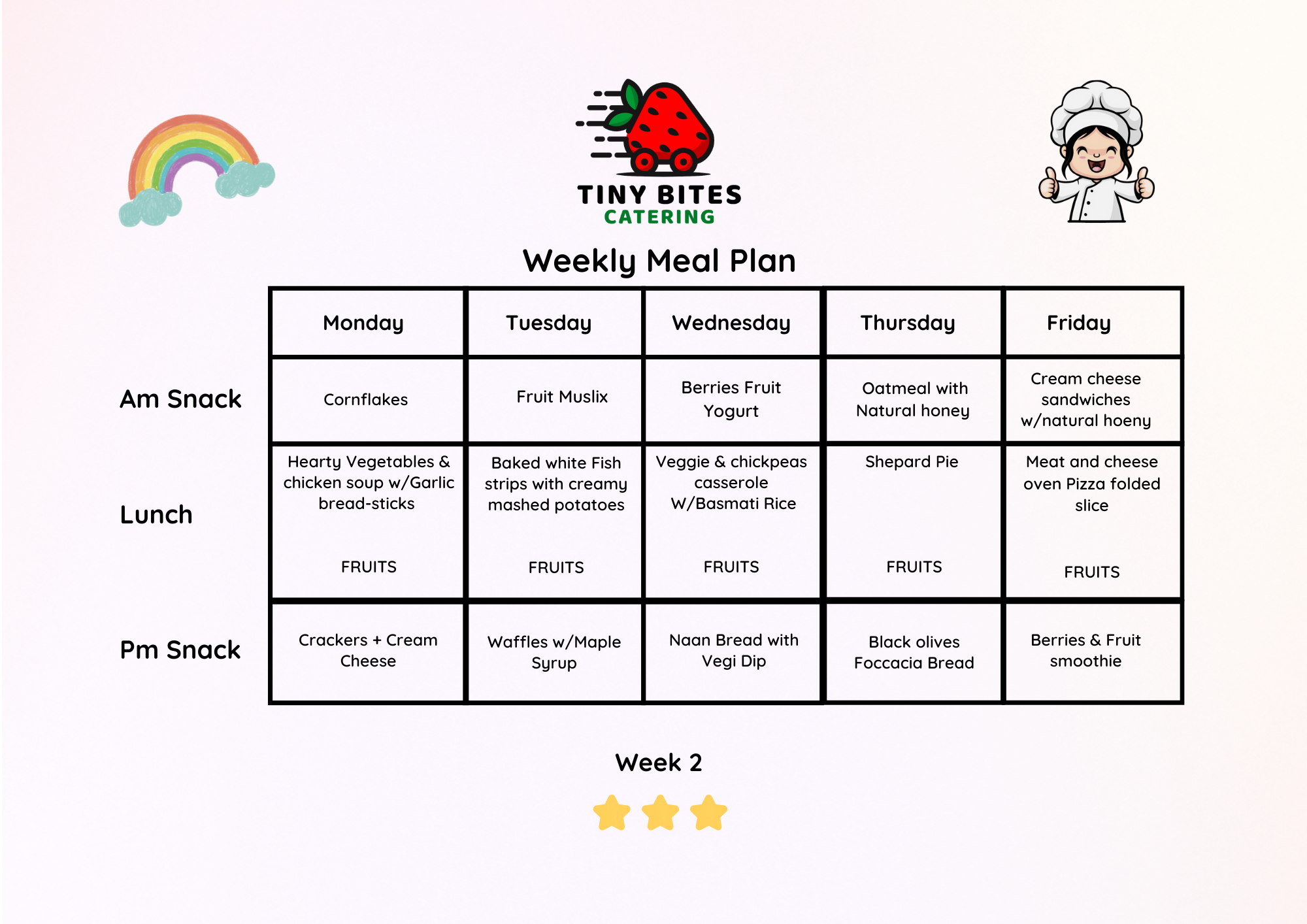 Tiny Bites Kids Catering Week 2 Menu