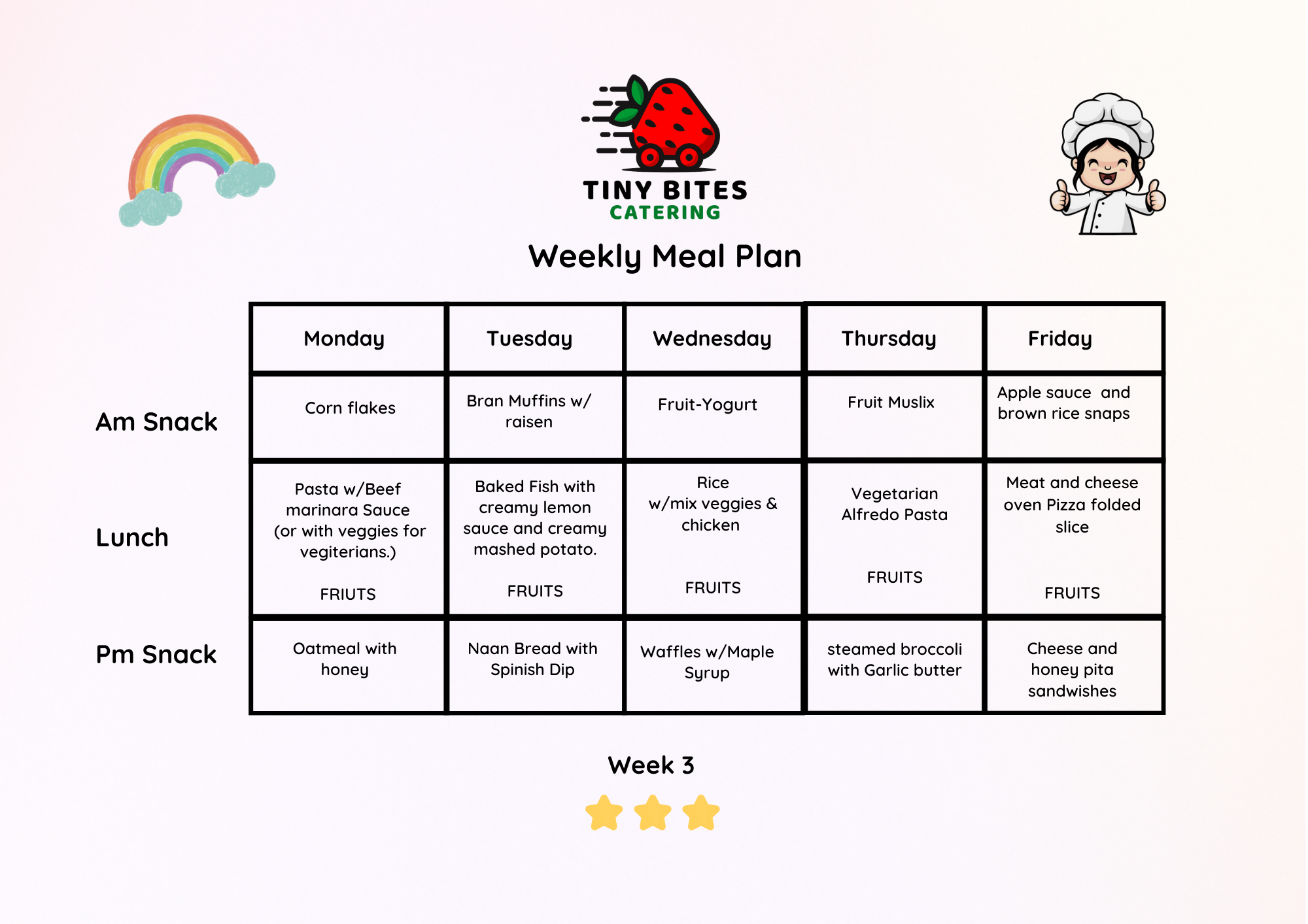 Tiny Bites Kids Catering Week 3 Menu