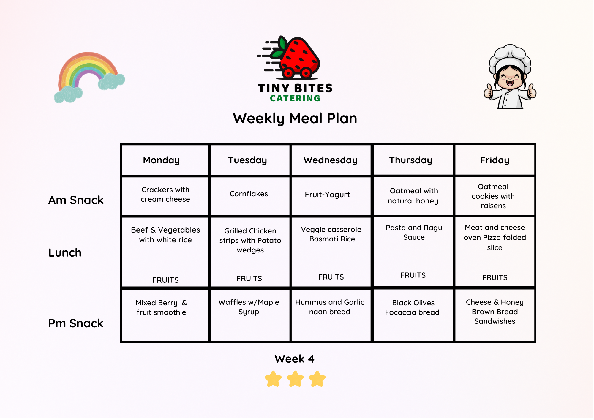 Tiny Bites Kids Catering Week 4 Menu